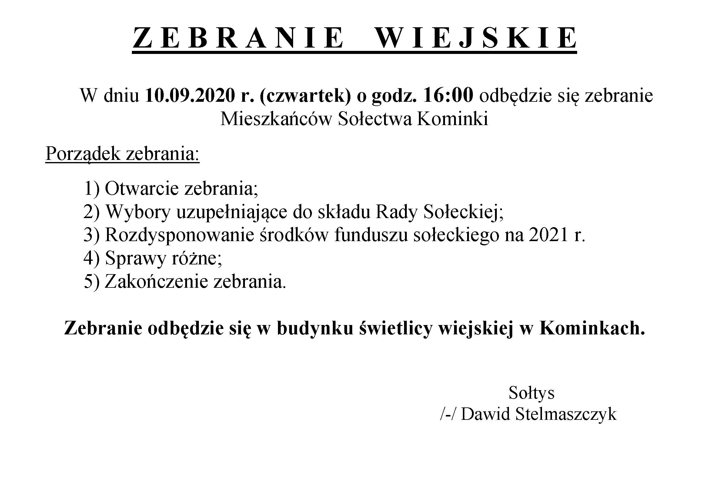 zebrania wiejskie ogłoszenie Kominki 2020 wybory uzupełniające