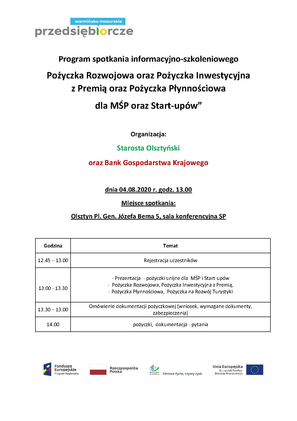 Program spotkania informacyjno szkoleniowego SP Olsztyn 04.08.2020 r. godz.13.00