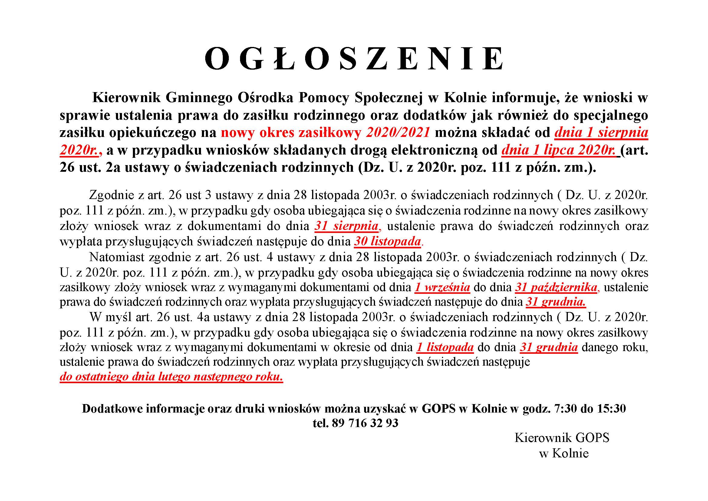 OGŁOSZENIA Świadczenia rodzinne Strona 1