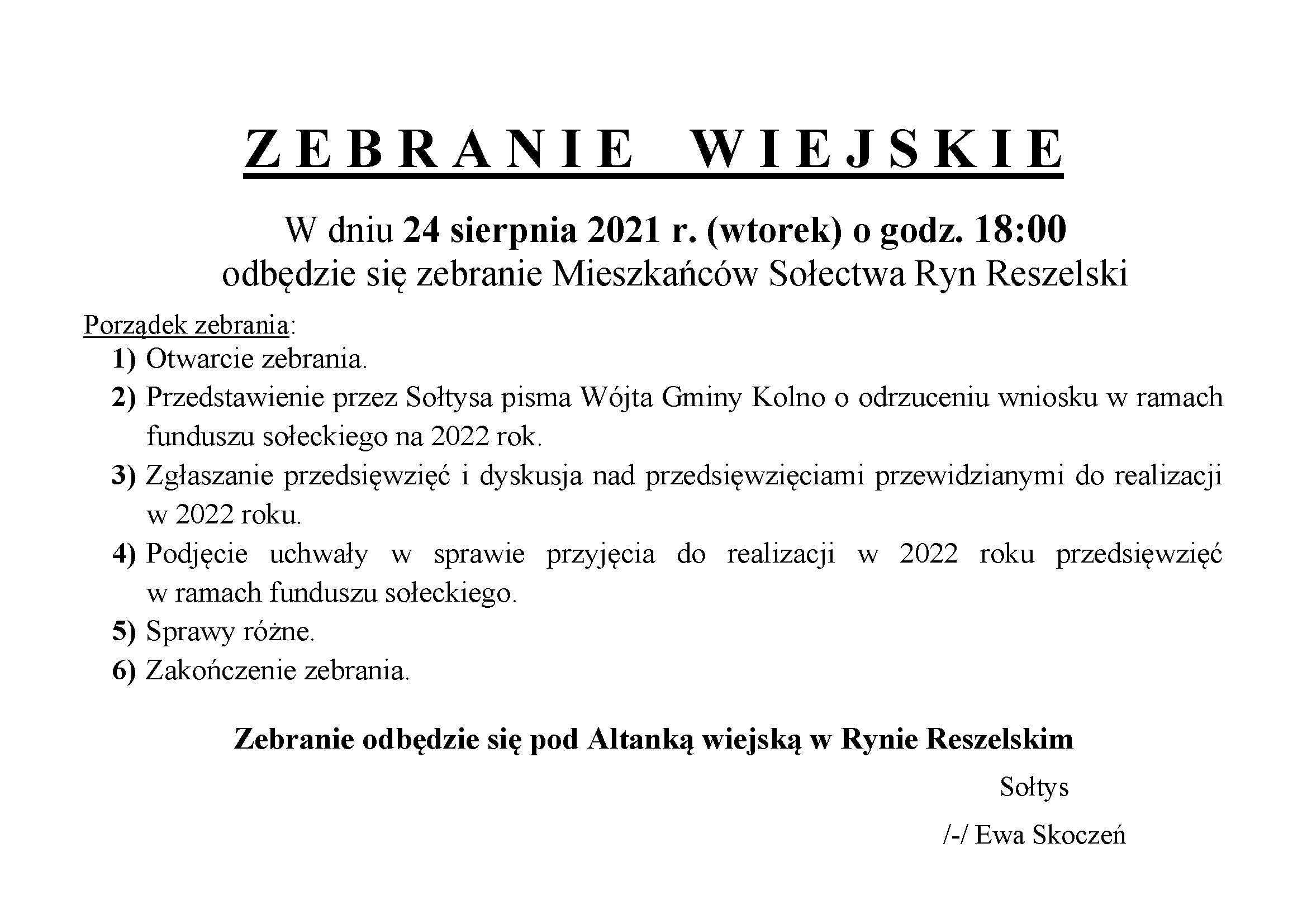 Zebranie wiejskie ogoszenie rozdysponowanie rodkw z funduszu soeckiego na 2022