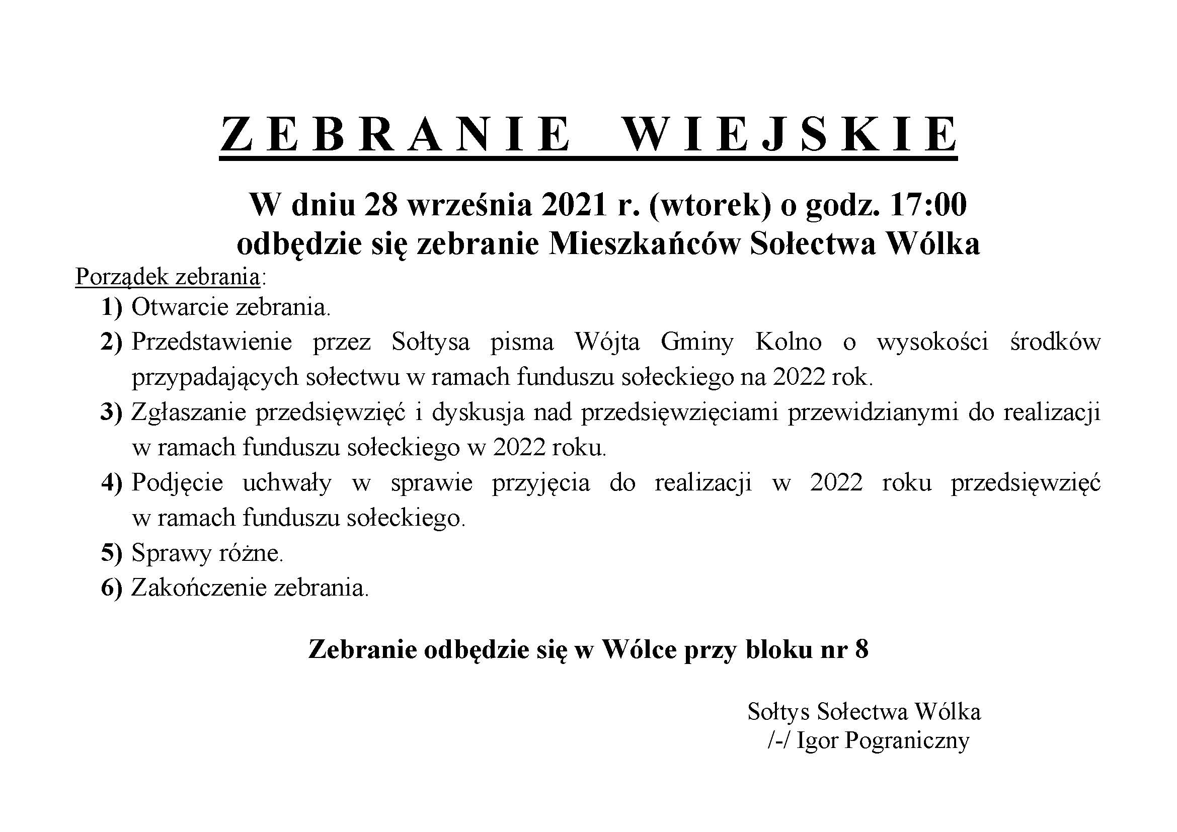 OGOSZENIE Zebranie Wiejskie Mieszkacw Wlka