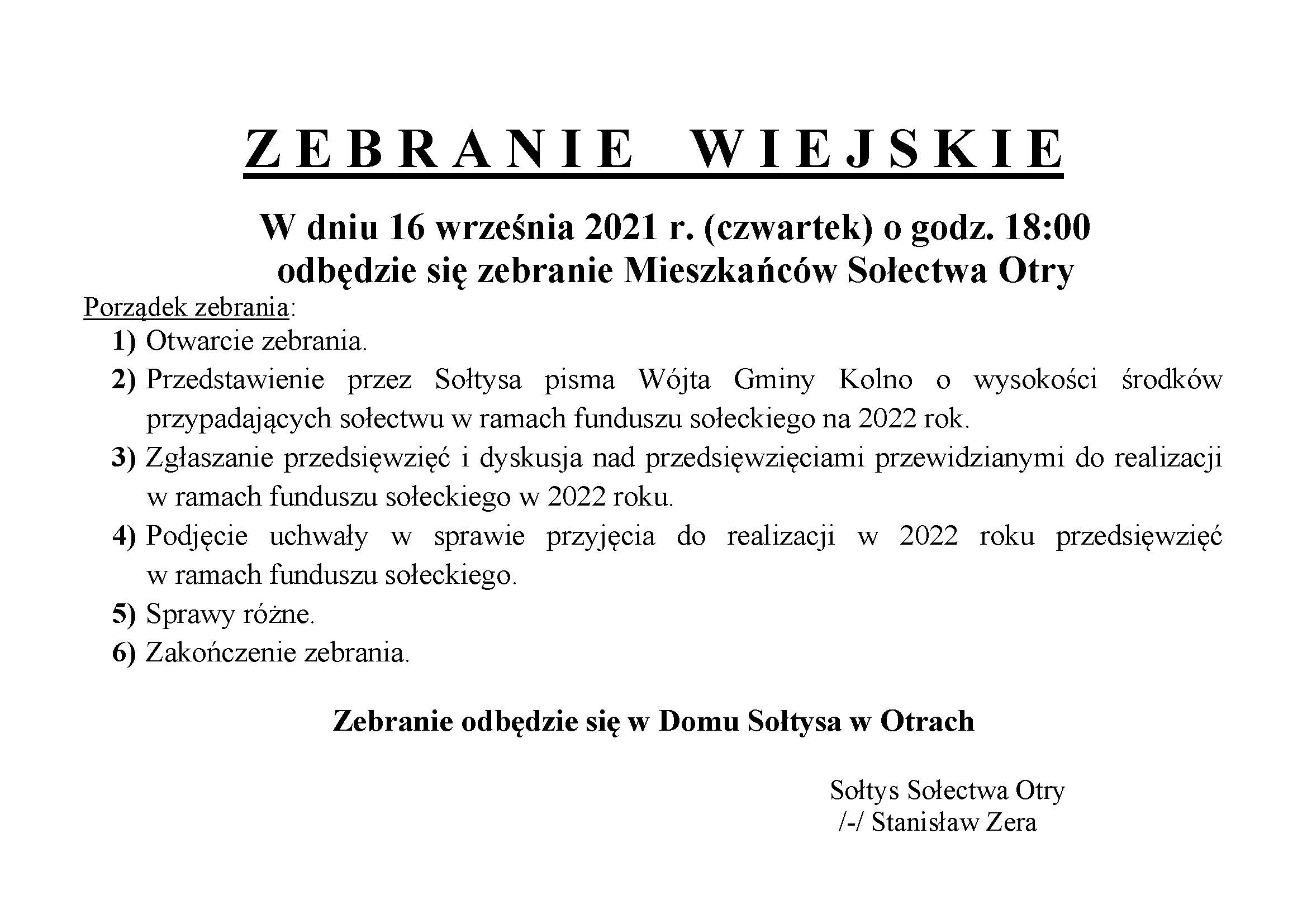 Zebranie wiejskie fs na 2022 Otry