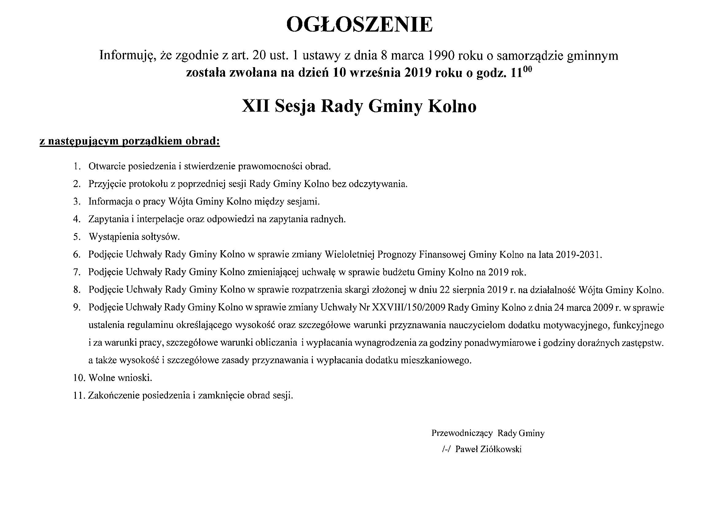 Ogłoszenie XII Sesja Rady Gminy Kolno