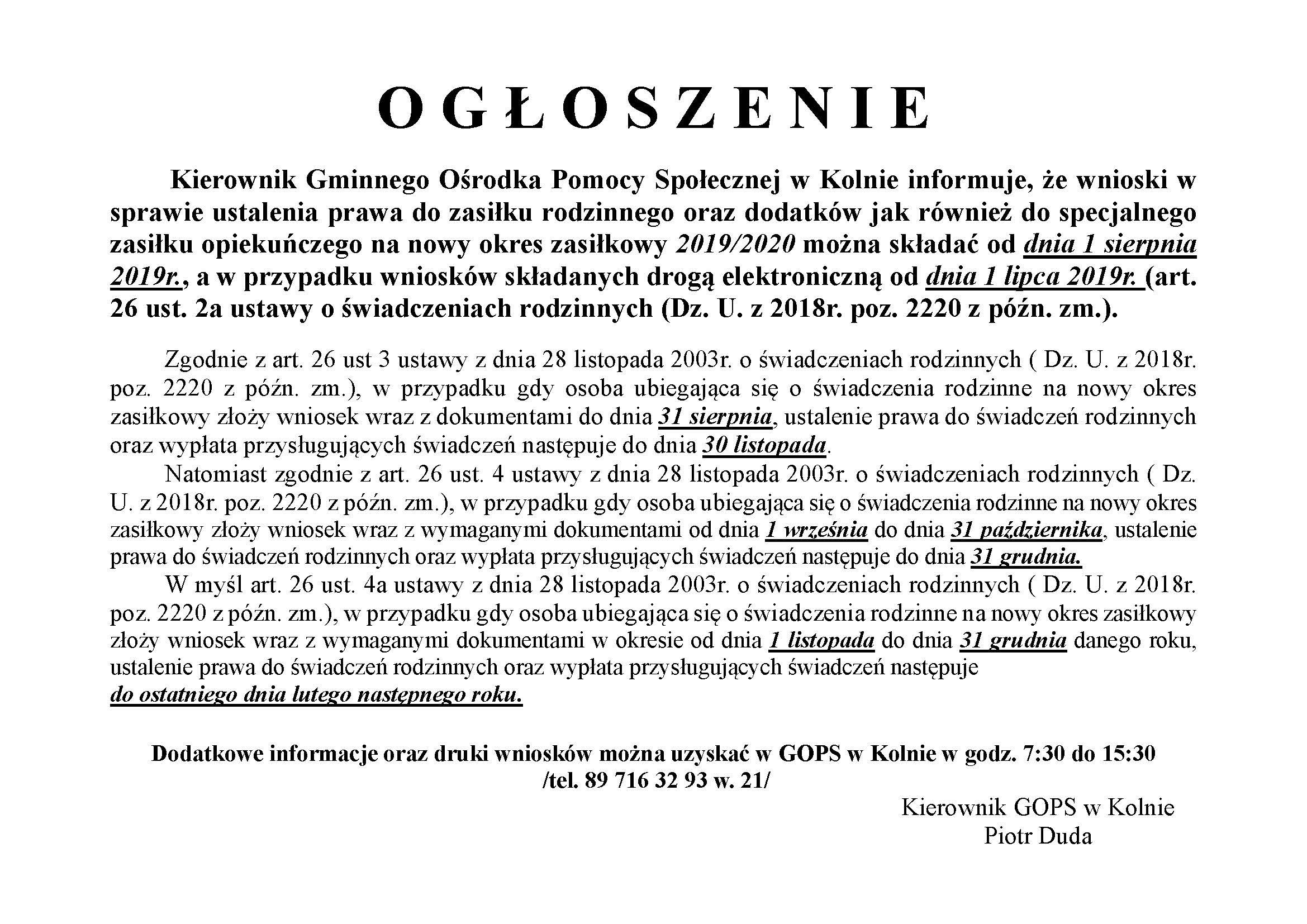 OGŁOSZENIA Świadczenia rodzinne Strona 1