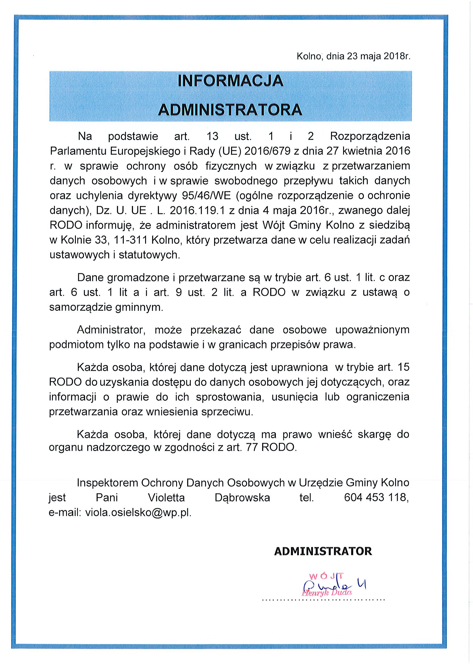 Informacja Administratora