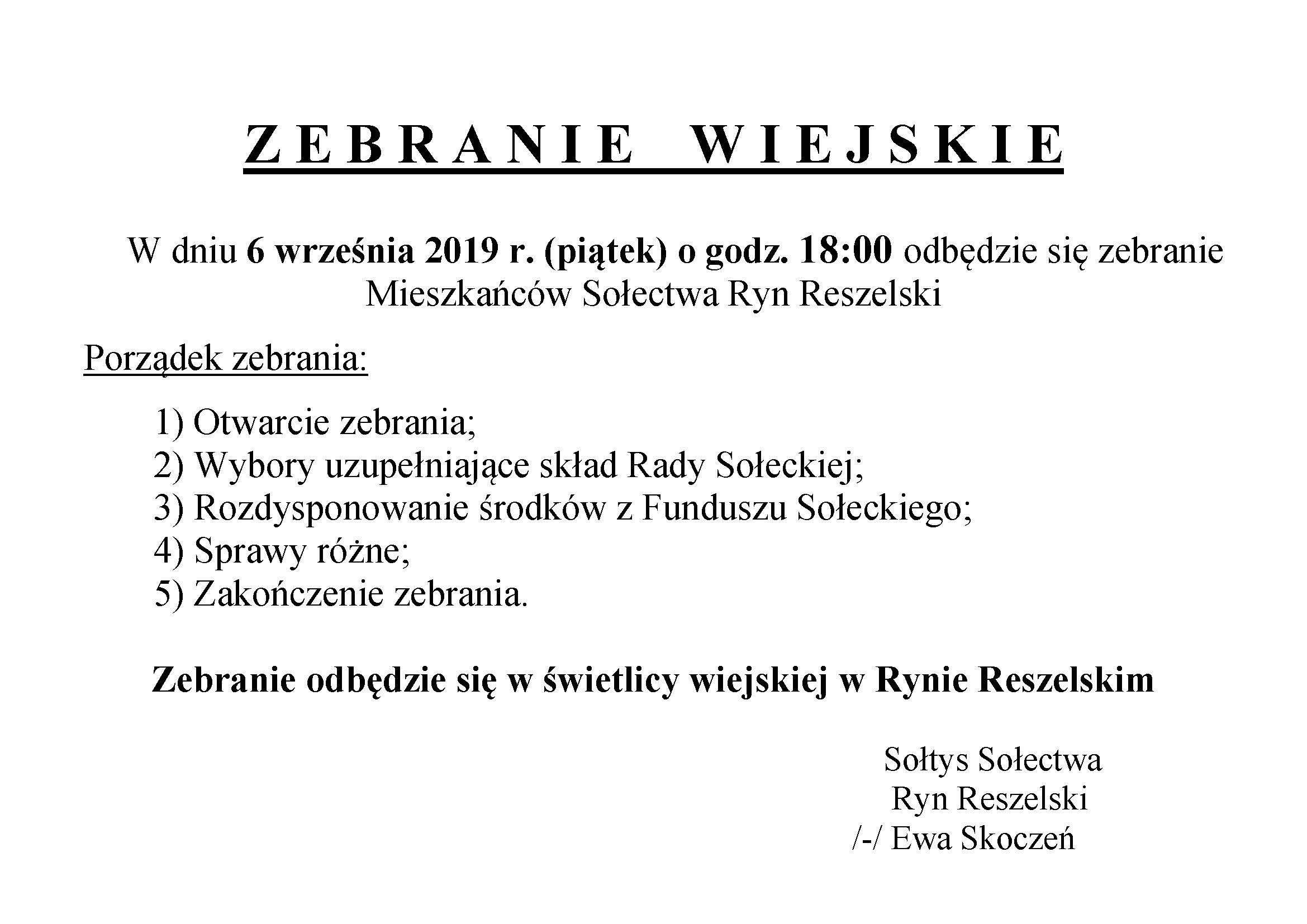 zebrania wiejskie ogłoszenie Ryn uzupełniające skład Rady