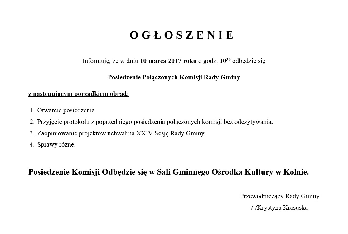 O G Ł O S Z E N I E Posiedzenie Połączonych Komisji Rady Gminy